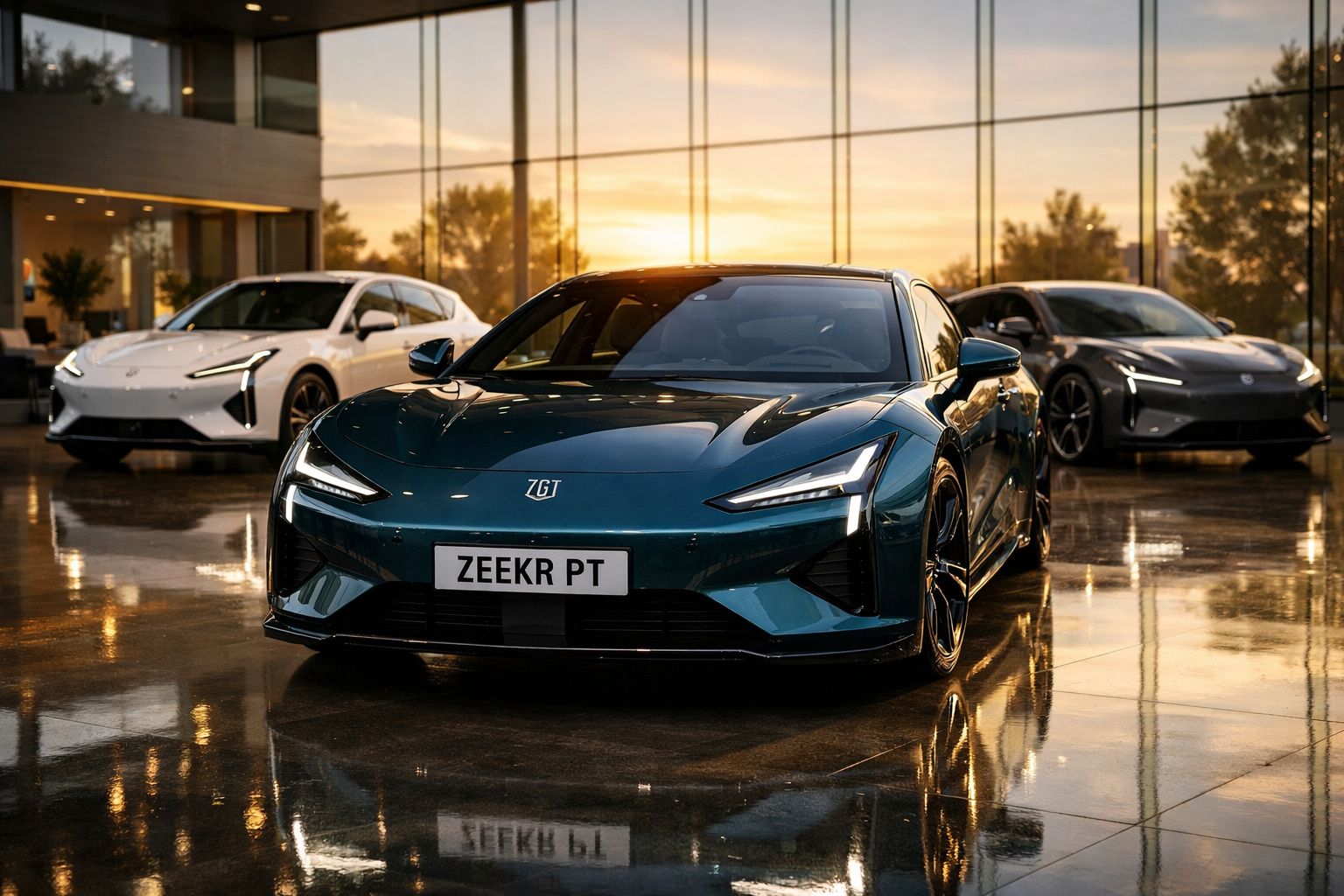 Três carros elétricos Zeekr estacionados em piso molhado, com reflexos e luz do pôr do sol ao fundo.