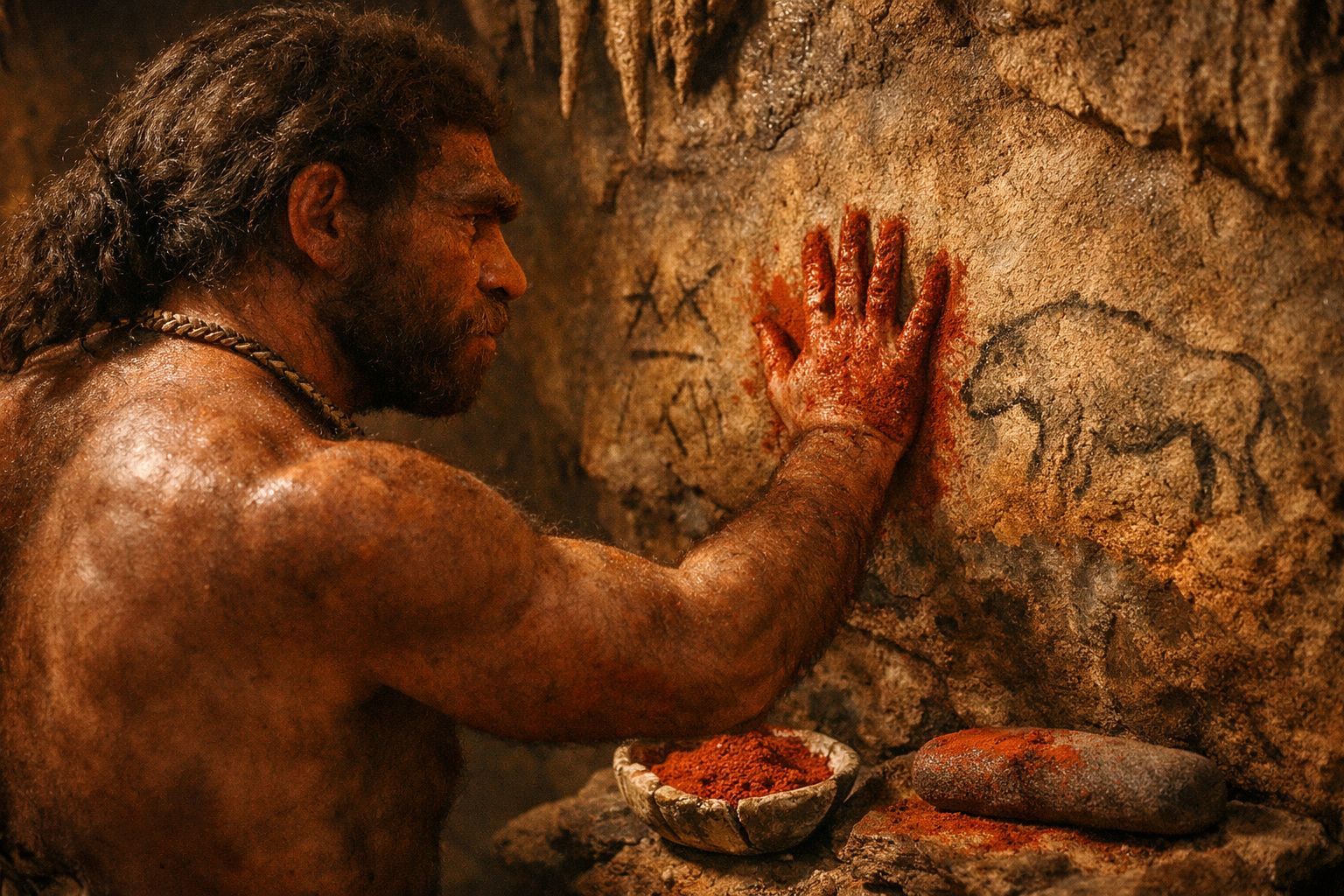 Homem pré-histórico com a mão suja de pigmento vermelho perante pinturas rupestres numa caverna.