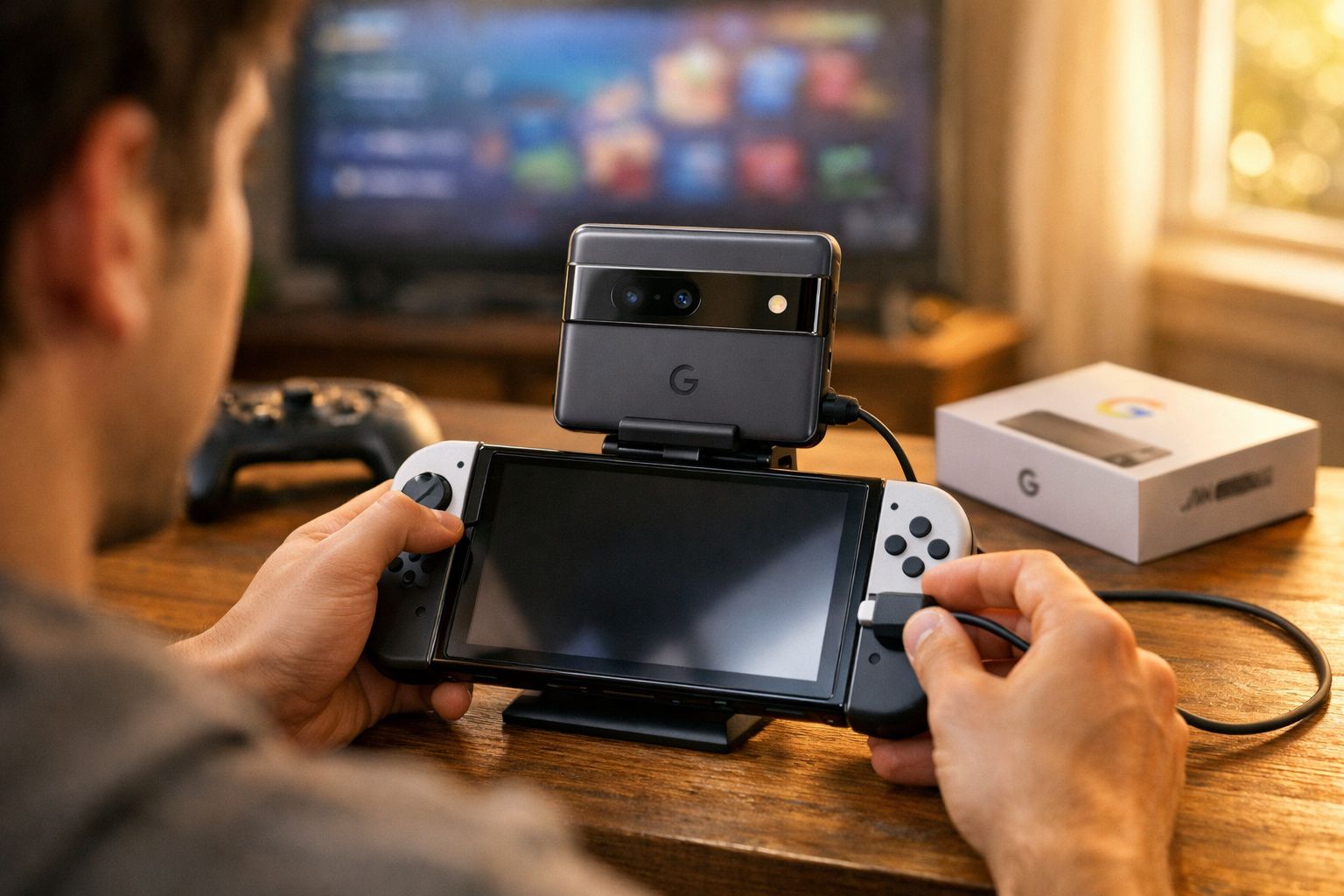 Pessoa a jogar videojogos numa consola portátil com smartphone Google Pixel acoplado num suporte, mesa de madeira.