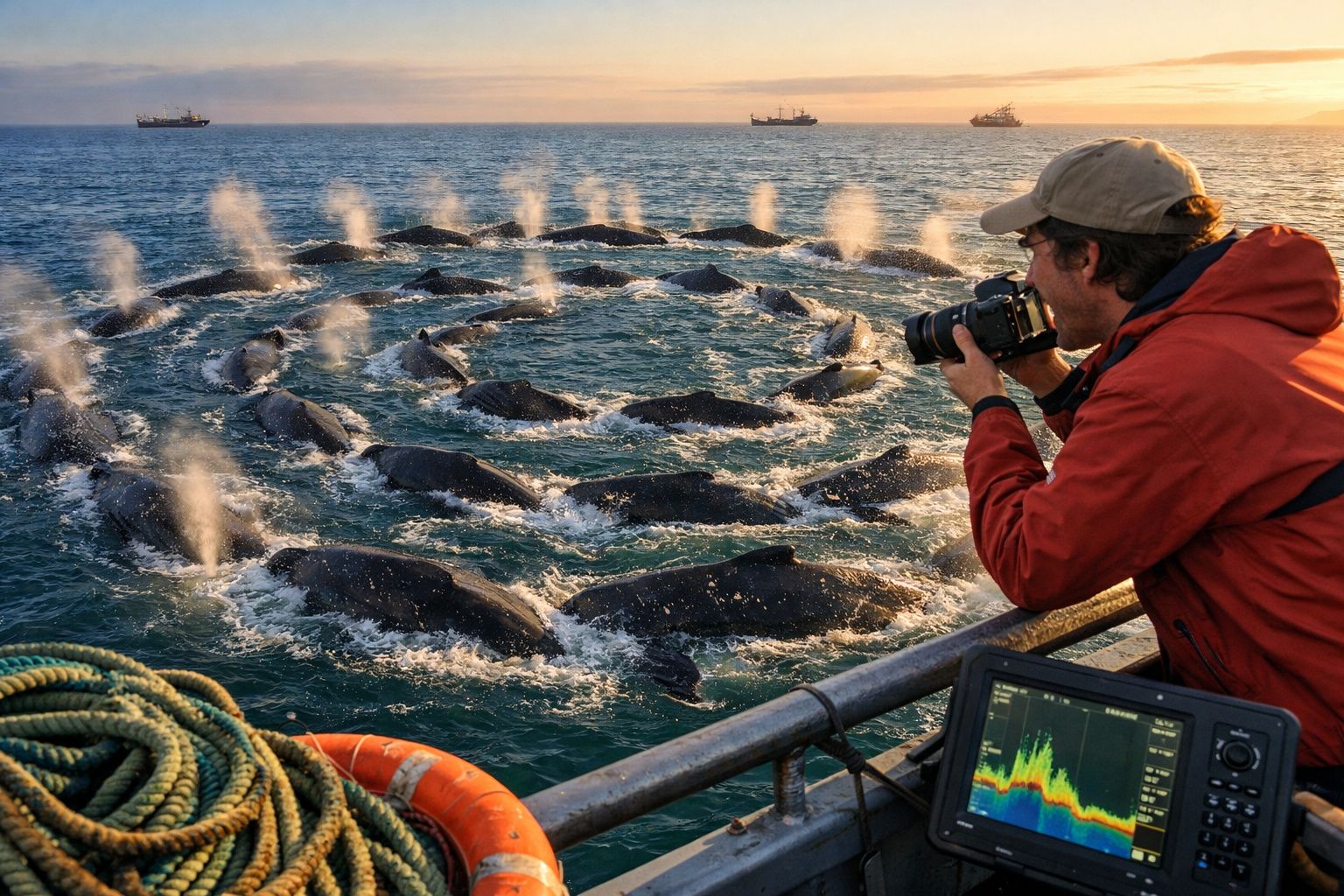 Fotógrafo tira fotos de grupo de baleias formando espiral na água ao pôr do sol, a partir de barco.