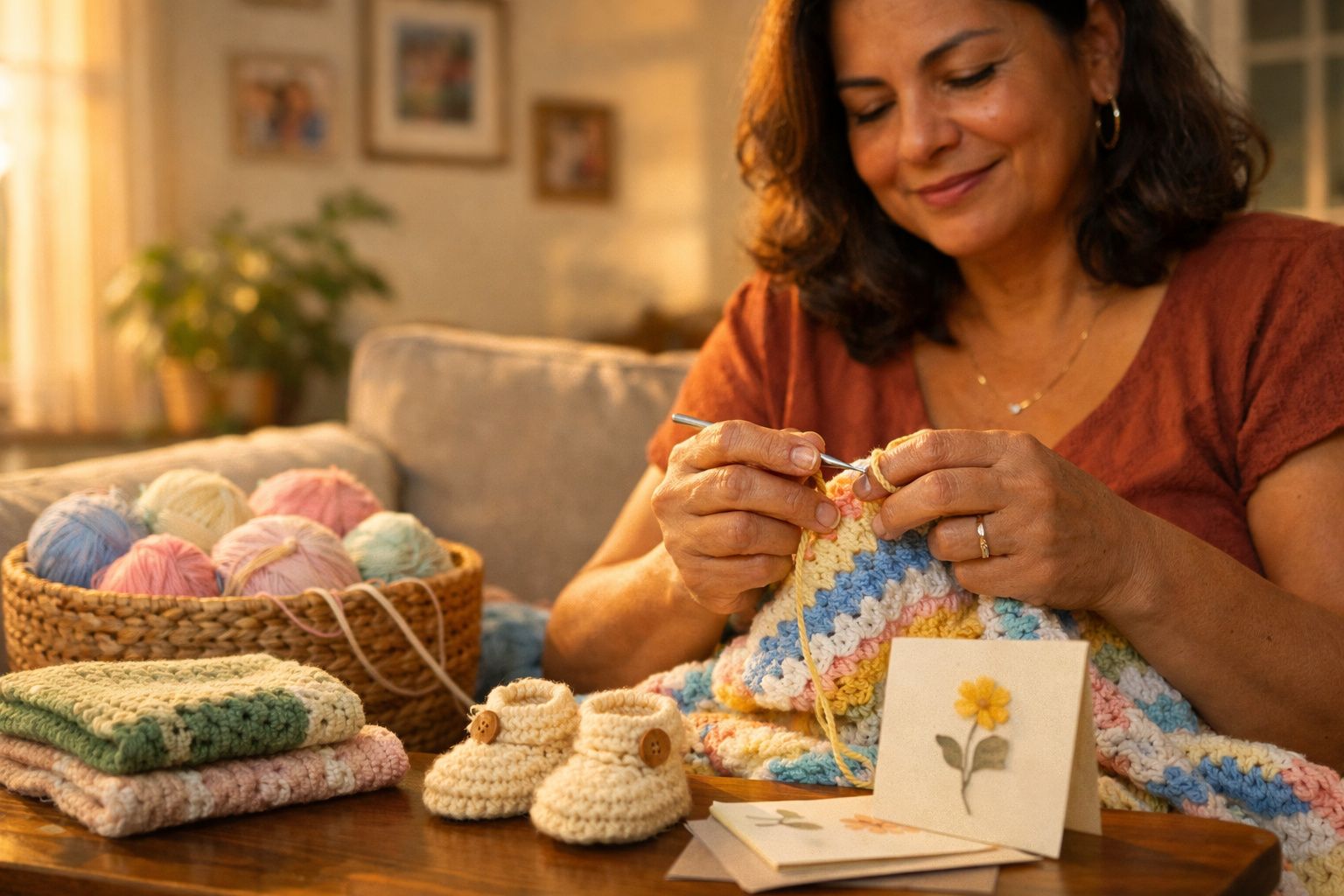 Mulher a fazer croché colorido, com sapatinhos baby e novelos de lã num ambiente acolhedor.