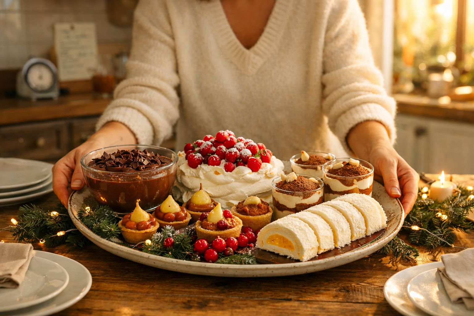 Pessoa a servir travessa com sobremesas variadas natalícias numa mesa decorada com velas e ramos verdes.
