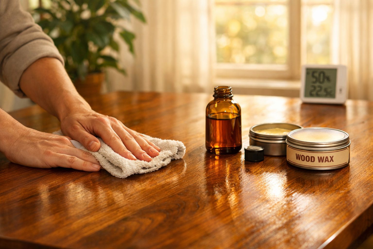Mãos a aplicar cera para madeira numa mesa de madeira com frasco e lata de cera em ambiente iluminado.