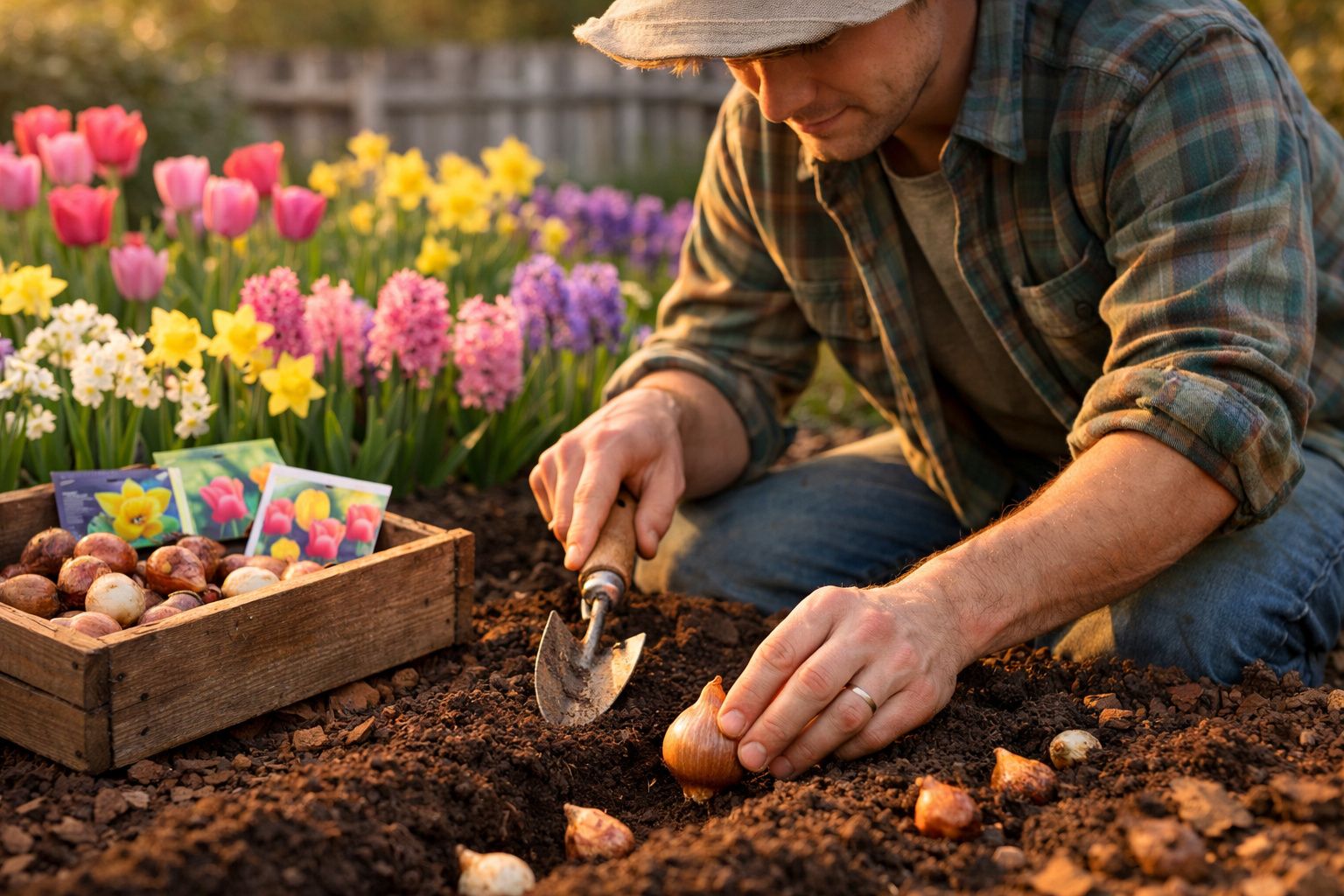 Homem a plantar bulbos de flores num jardim com várias flores coloridas ao fundo.