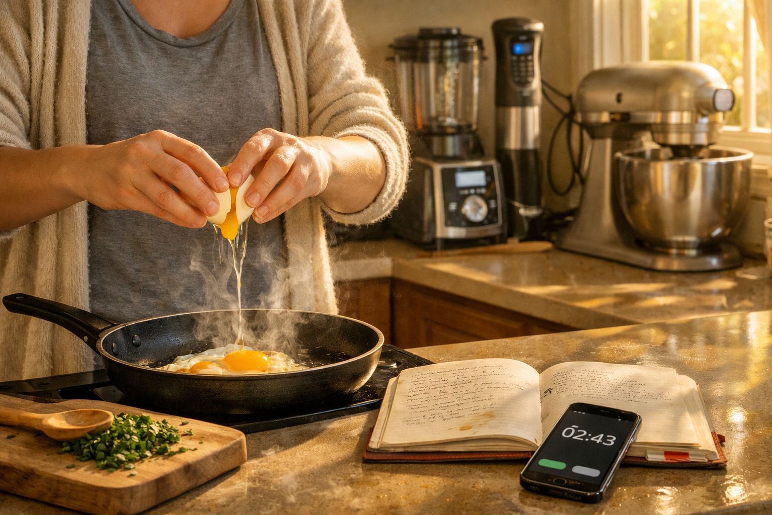 Pessoa a partir um ovo para uma frigideira na cozinha com livro de receitas, telemóvel e utensílios na bancada.