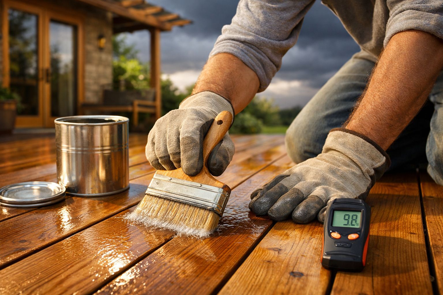 Pessoa a aplicar verniz numa varanda de madeira com pincel, usando luvas, ao ar livre.