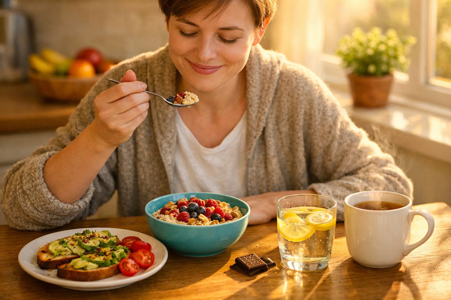Mulher a sorrir enquanto come cereal com frutos vermelhos e tem torradas, bebida e chocolate à sua frente.