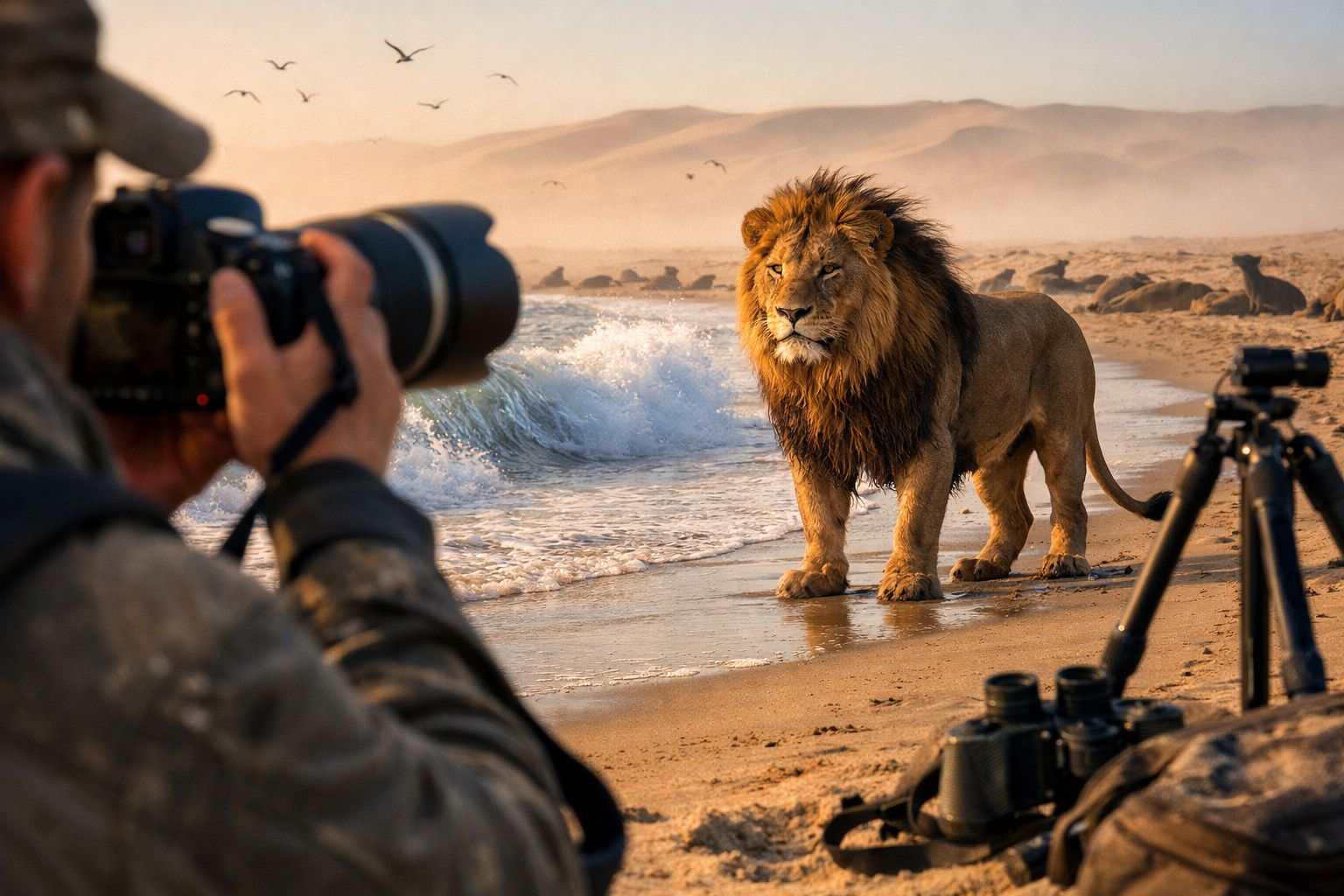 Fotógrafo a fotografar um leão na praia ao nascer do sol com ondas e gaivotas no fundo.