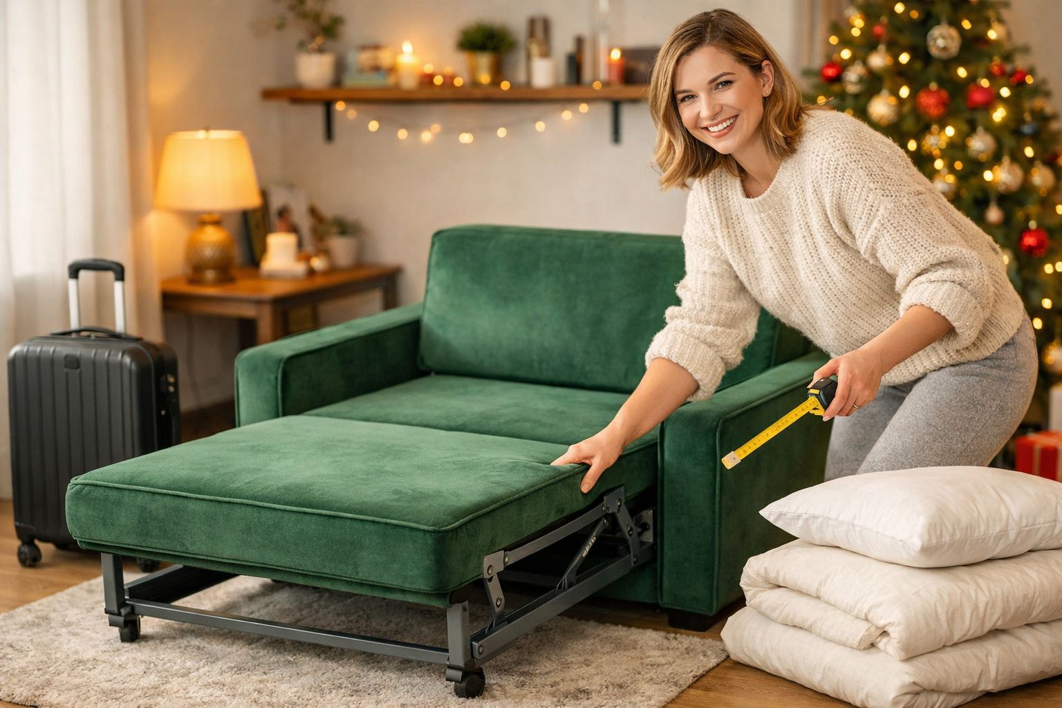 Mulher sorridente mede sofá-cama verde numa sala decorada com árvore de Natal e malas de viagem.
