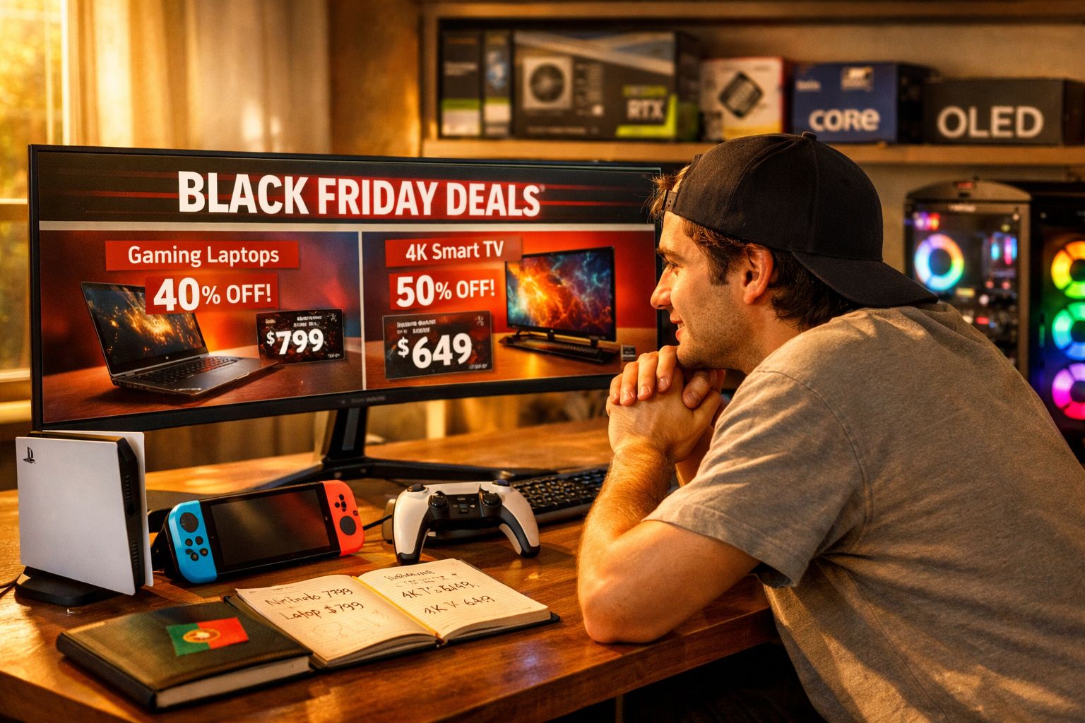 Homem sentado a olhar para monitor com promoções Black Friday de portáteis gaming e TV 4K.