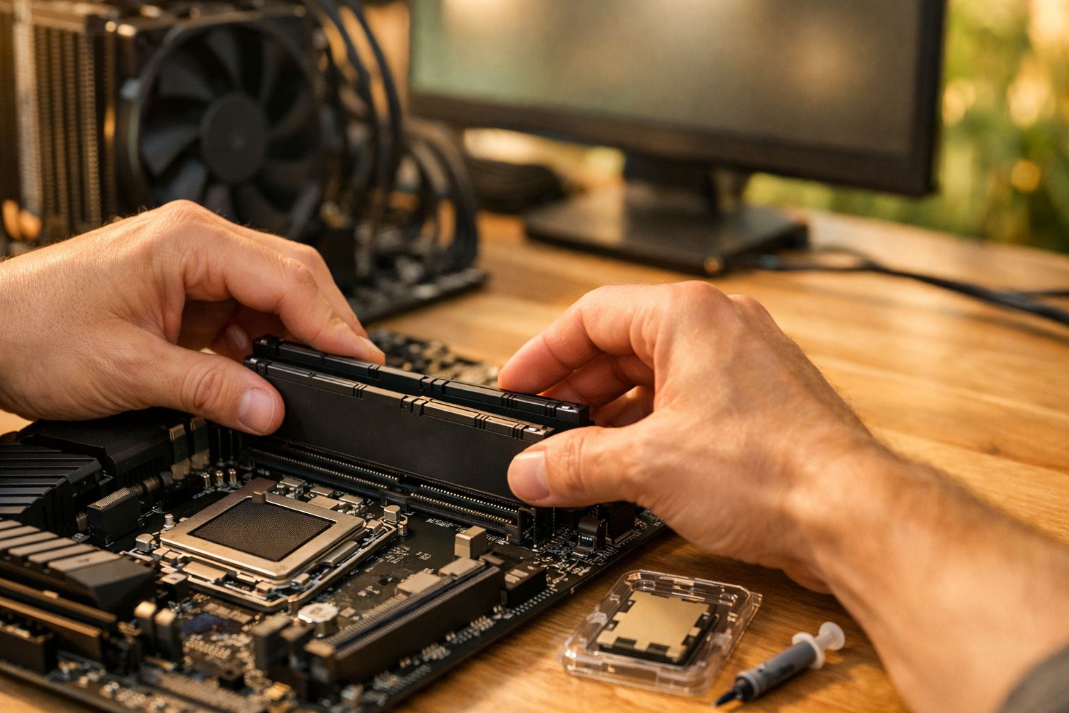 Mãos a instalar módulos de memória RAM numa motherboard sobre uma mesa de madeira com monitor ao fundo.