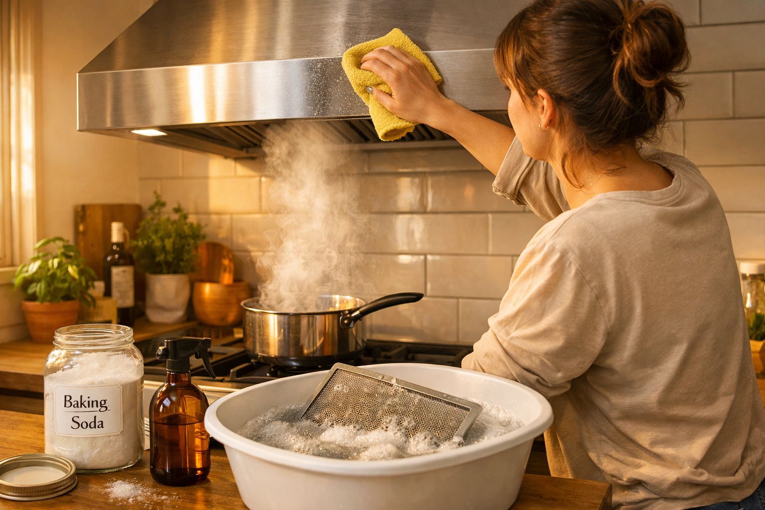 Mulher a limpar exaustor da cozinha com pano amarelo, panela a ferver no fogão e utensílios de limpeza na bancada.