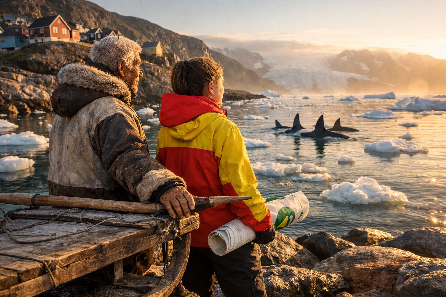 Duas pessoas com roupa quente observam orcas a nadar entre blocos de gelo junto à costa rochosa ao pôr do sol.