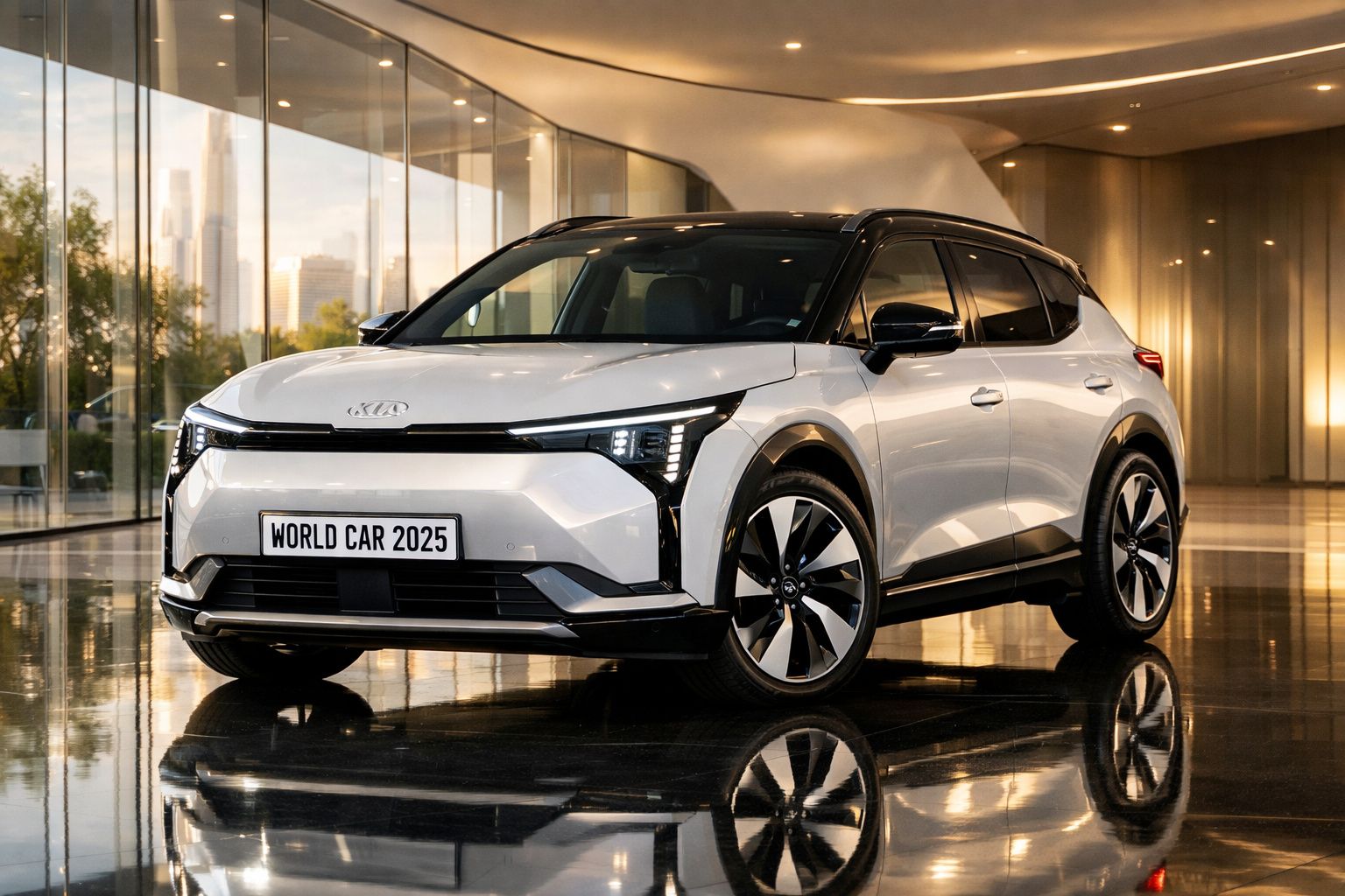 Carro eléctrico Kia EV9 branco estacionado em salão moderno com vidros e luzes ambiente.