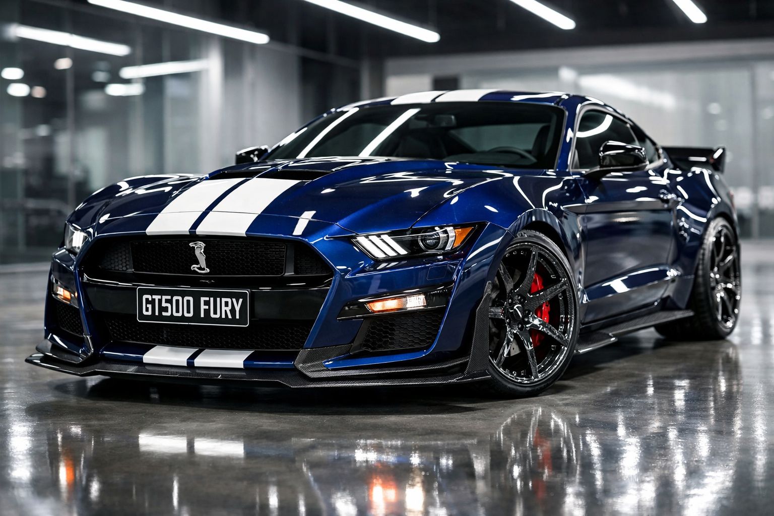 Carro desportivo azul GT500 Fury com riscas brancas estacionado em garagem moderna com chão refletor.