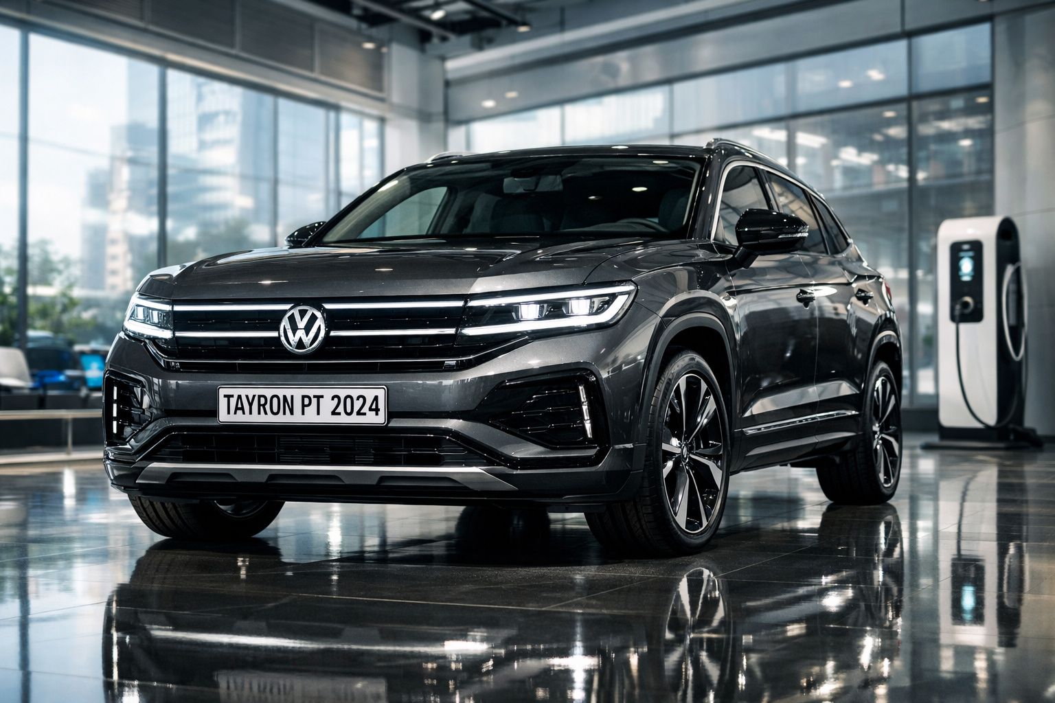 Carro Volkswagen Tayron PT 2024 cinza escuro em showroom moderno com chão reflexivo.