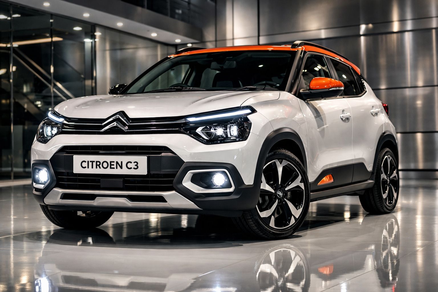 Citroën C3 branco com detalhes laranja em exposição num ambiente interior moderno e iluminado.
