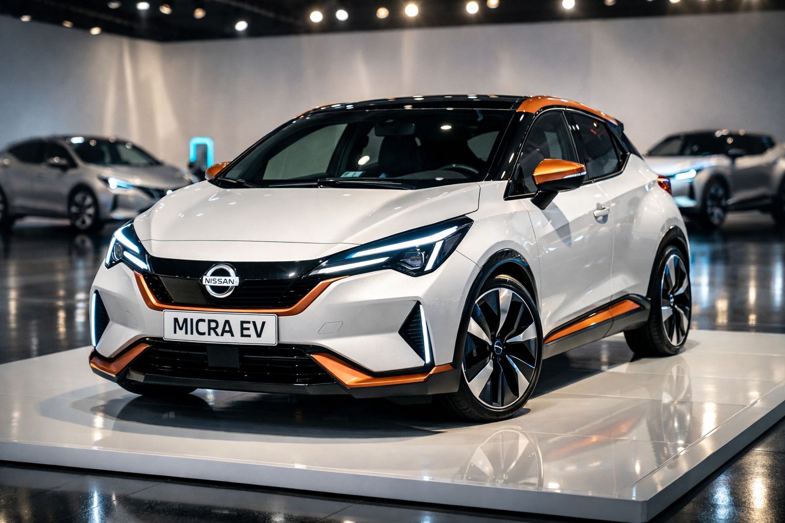 Carro elétrico branco Nissan Micra EV com detalhes laranja, exposto em showroom moderno.