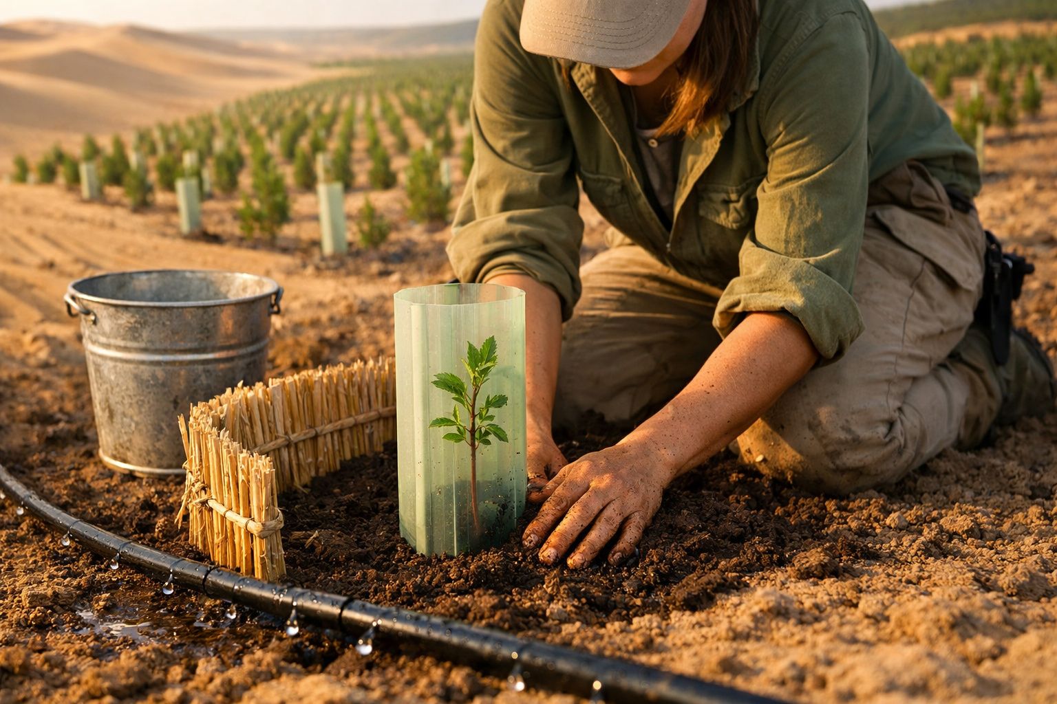 Pessoa a plantar uma muda protegida com um tubo de plástico num campo com rega gota a gota.