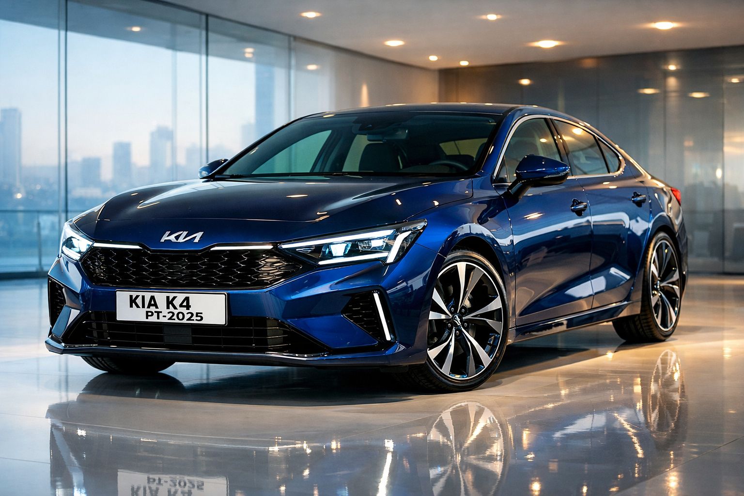 Carro sedan azul KIA K4 2025 exibido em showroom moderno com janelas amplas e piso refletor.