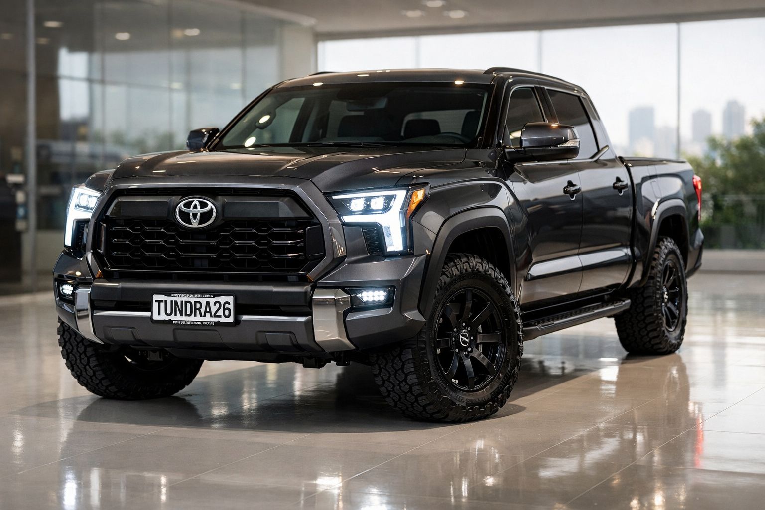 Pick-up Toyota Tundra preta com faróis LED ligada em showroom moderno.