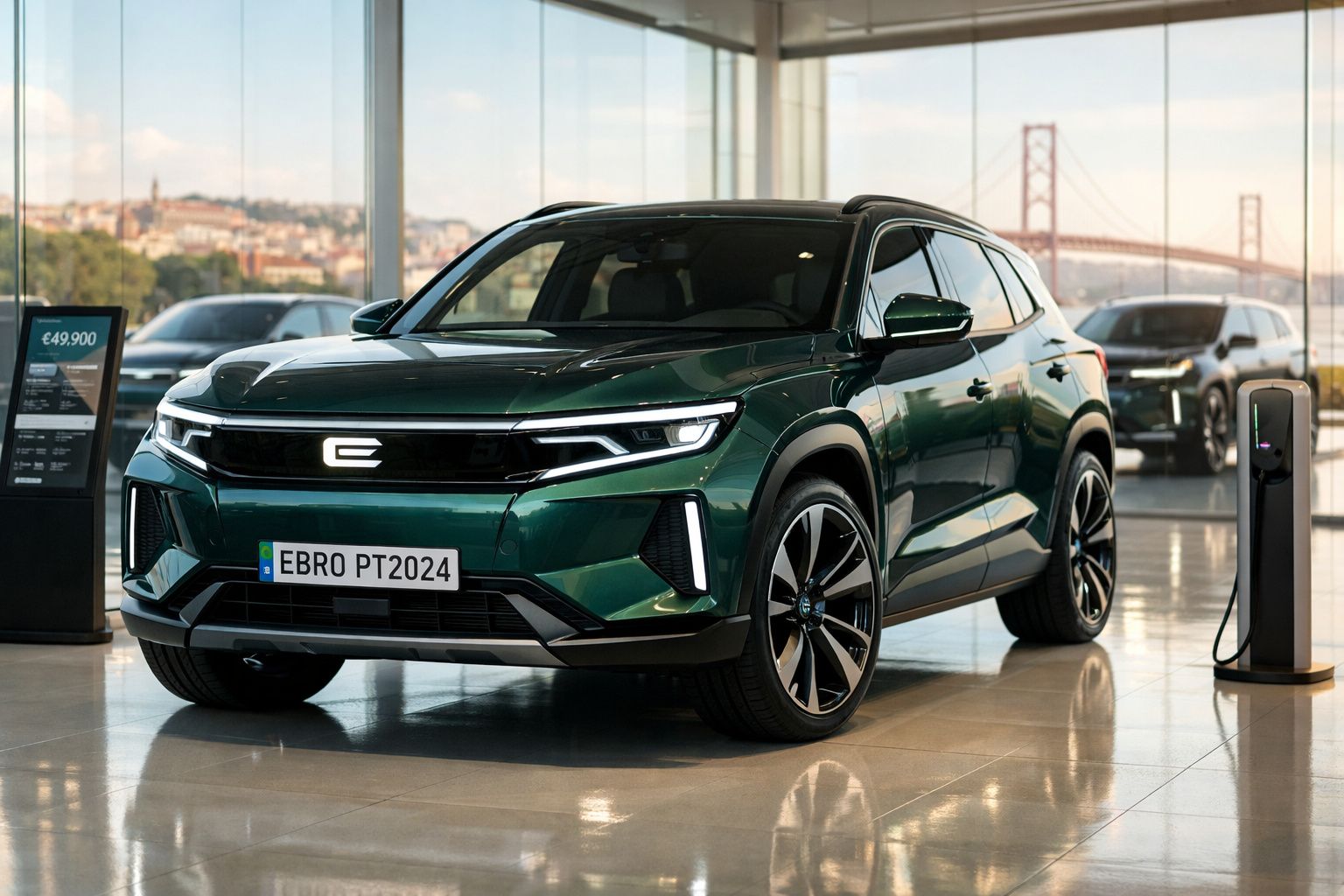 SUV eléctrico verde escuro EBRO PT2024 em exposição numa sala com janelas grandes e vista para a ponte.