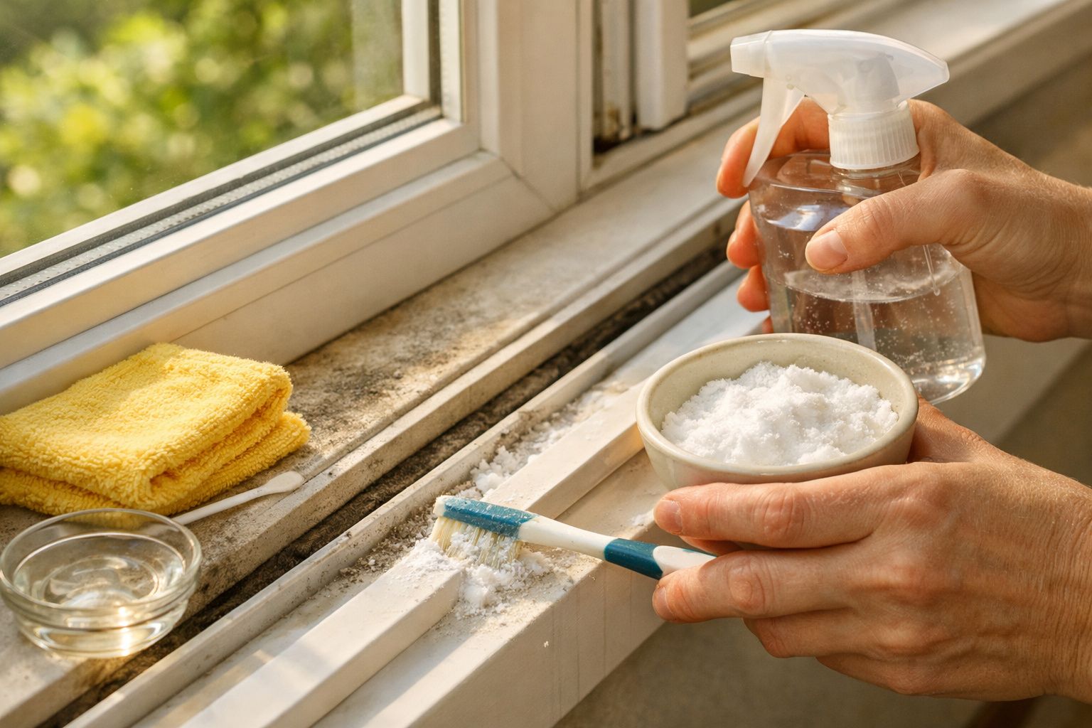 Mãos a limpar o mofo da janela com escova, bicarbonato de sódio e borrifador de líquido transparente.