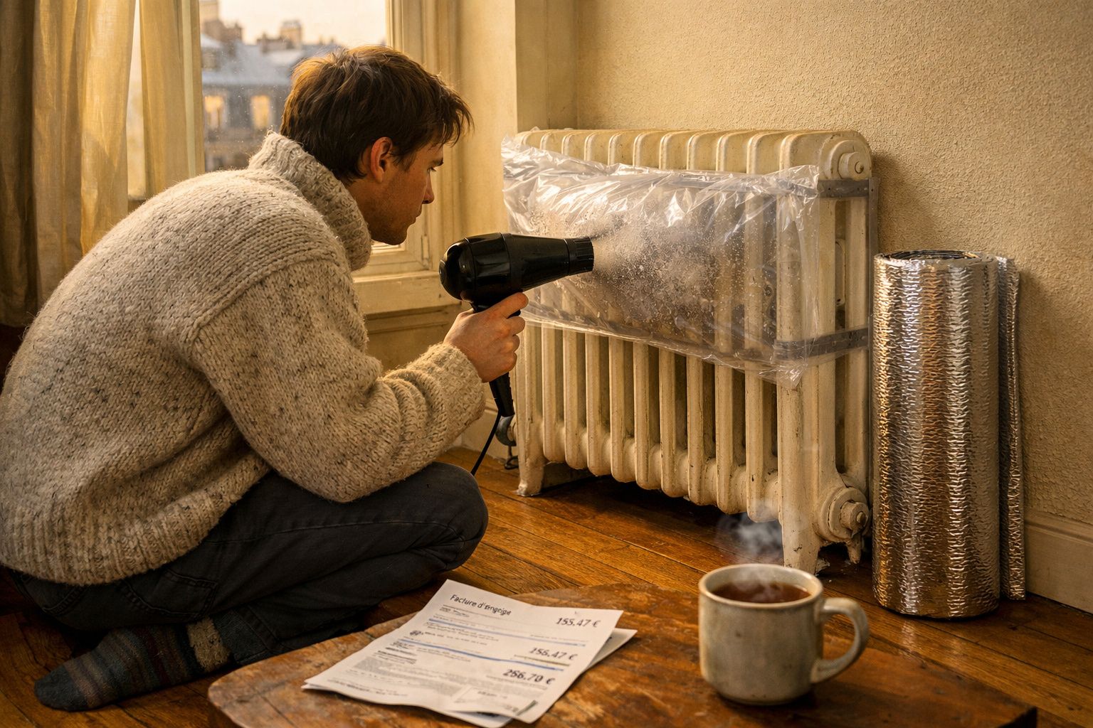 Homem aquece radiador coberto com plástico usando secador de cabelo, sentado no chão com documentos e chá.