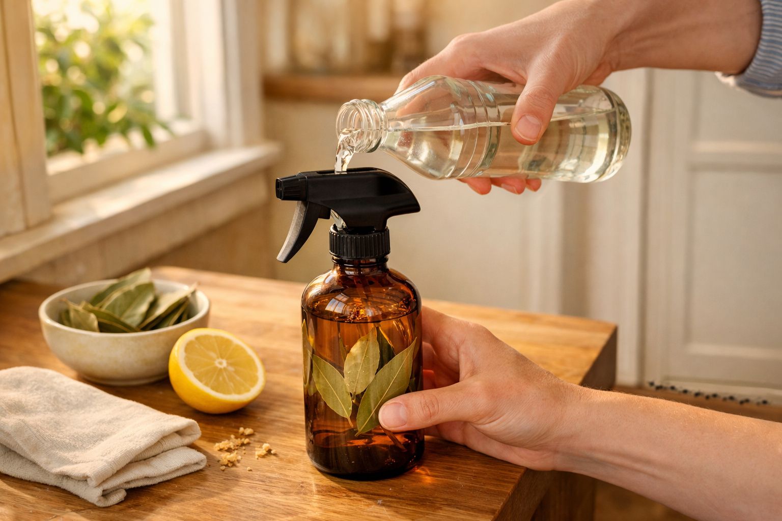 Pessoa a despejar líquido numa garrafa spray decorada com folhas de louro numa mesa de madeira.