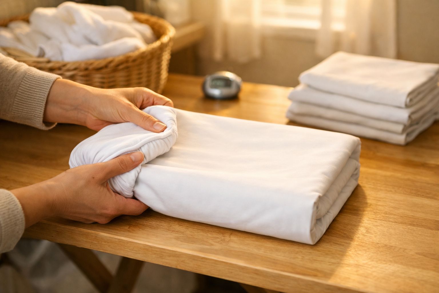 Mãos dobram lençol branco num ambiente doméstico com tábua de madeira e cestos de roupa ao fundo.