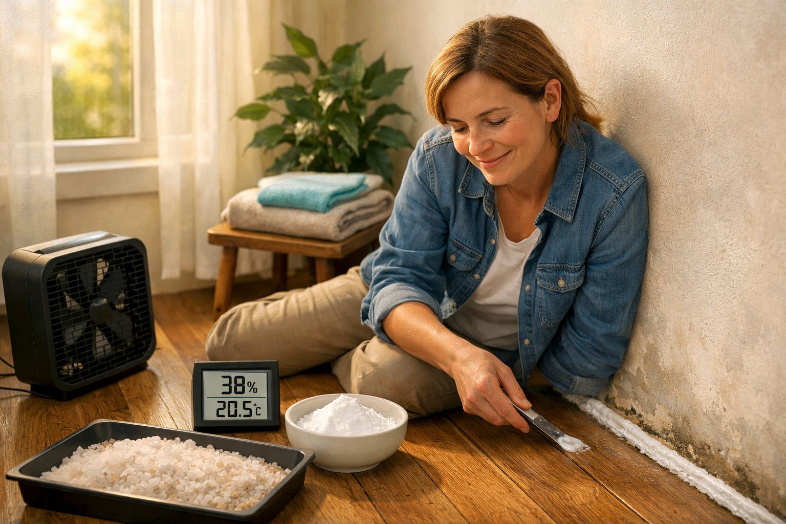 Mulher aplica pó branco numa fissura no chão de madeira, com medidor de humidade e ventilador próximos.