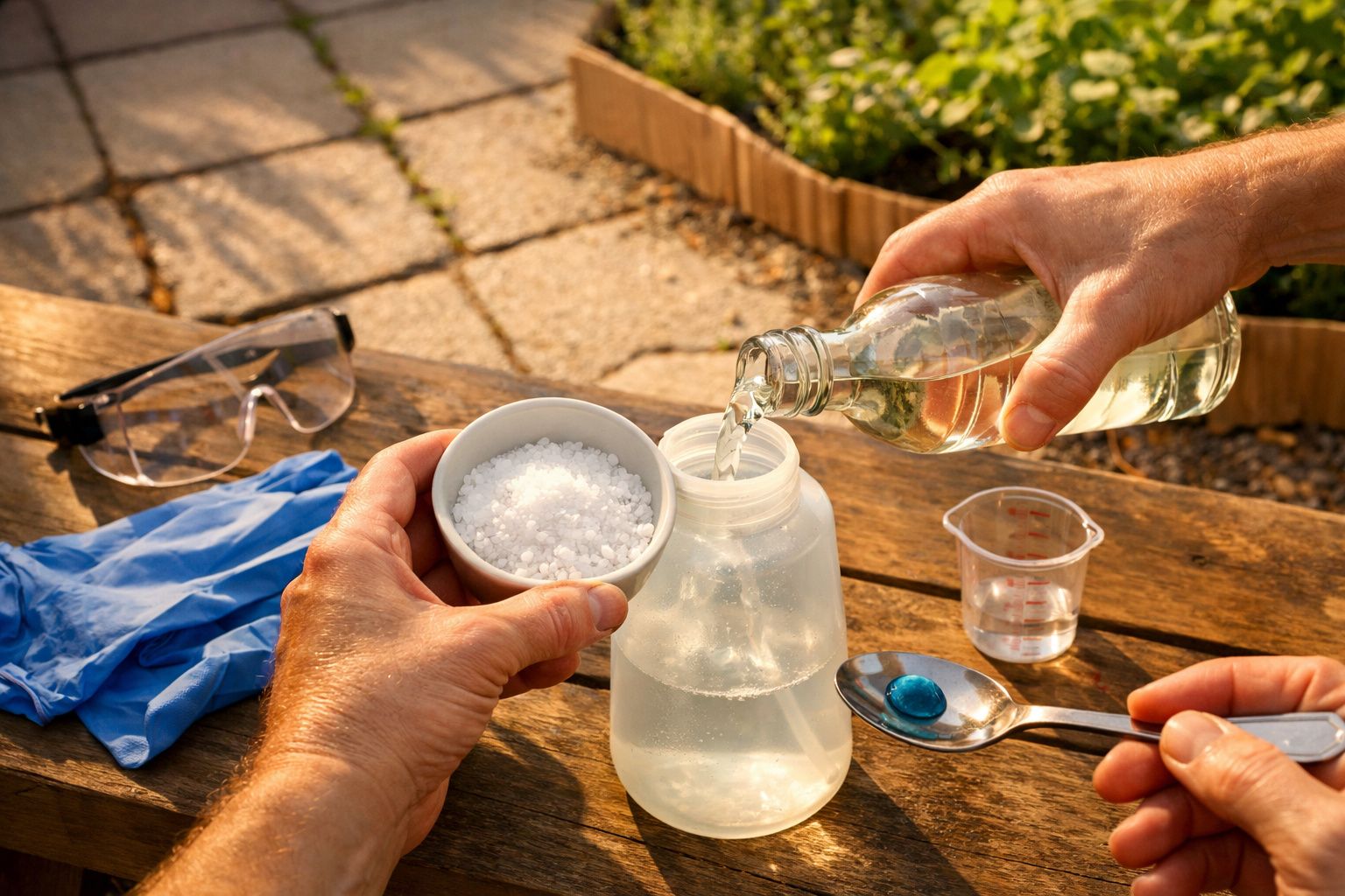 Pessoa a preparar solução caseira com água, pastilha efervescente azul, óculos de proteção e luvas azuis.