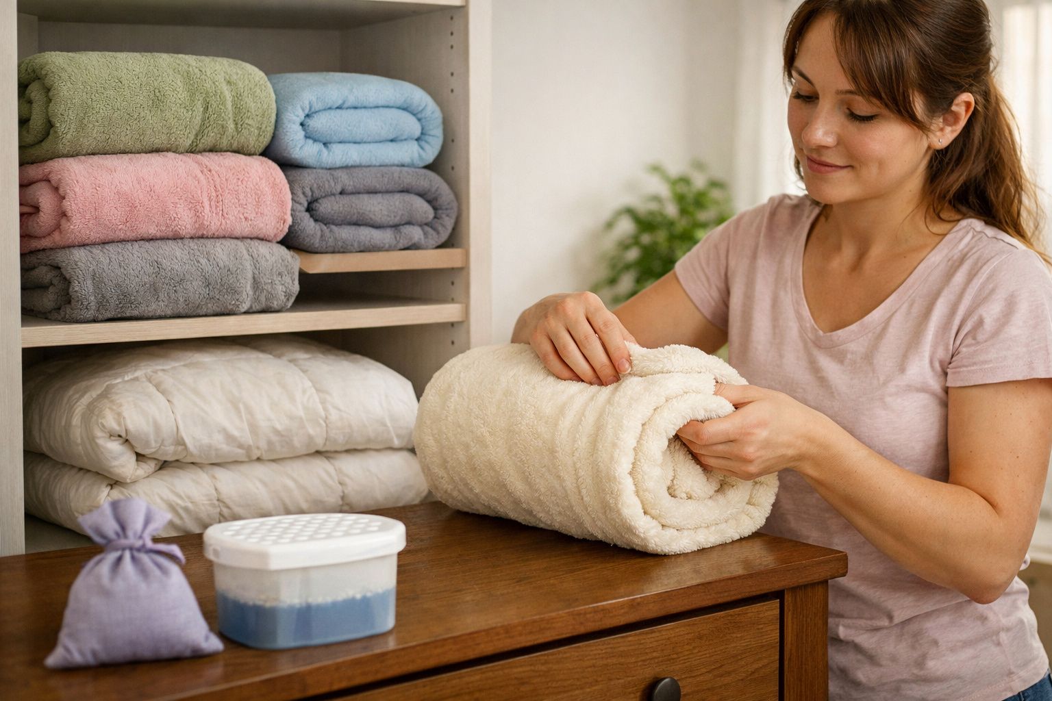 Mulher a dobrar uma manta creme junto a prateleira com toalhas e edredões coloridos organizados.