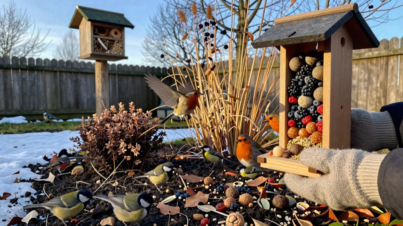 Pássaros a alimentar-se em comedouros de madeira num jardim com neve e plantas secas.