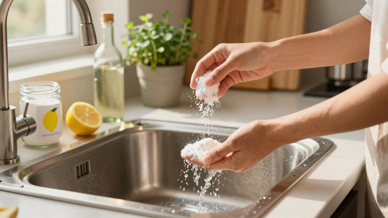 Pessoa a esfarelar sal em cima de umas mãos sobre uma pia de cozinha moderna com ingredientes ao fundo.