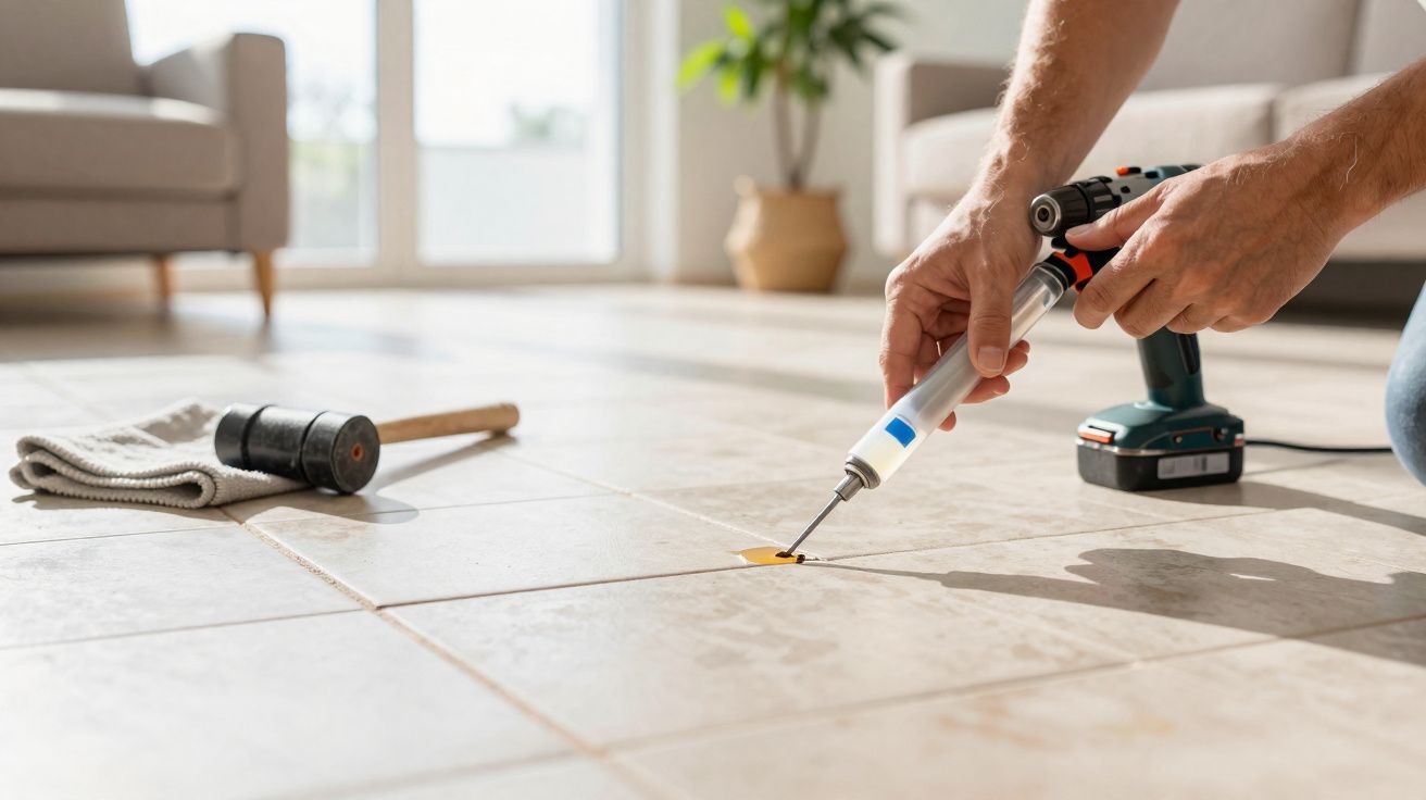 Pessoa a reparar uma junta de azulejo no chão de uma sala com ferramenta elétrica.
