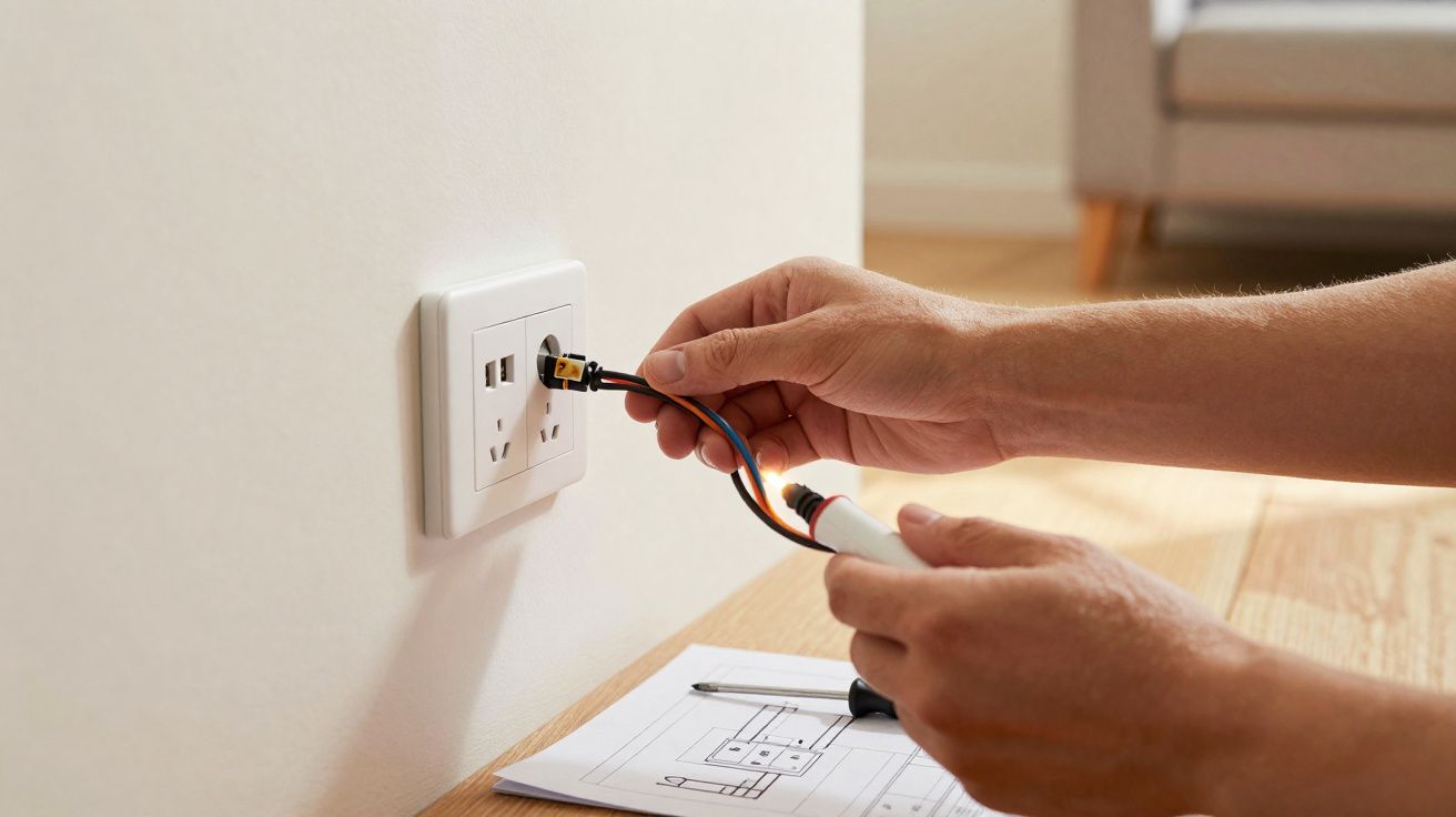 Mãos de uma pessoa a ligar fios elétricos numa tomada branca embutida na parede, com um desenho técnico sobre a madeira.