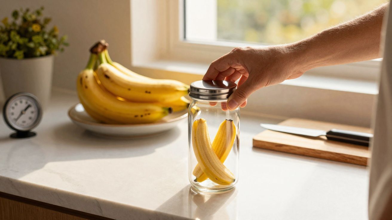 Mão fechando frasco com duas bananas descascadas, com cacho de bananas e utensílios na bancada da cozinha.