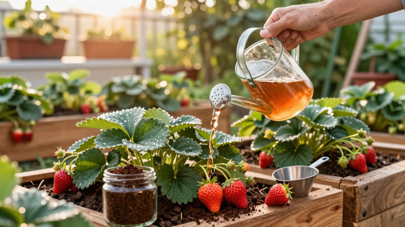 Pessoa a regar plantas de morango num jardim urbano com regador de vidro transparente.