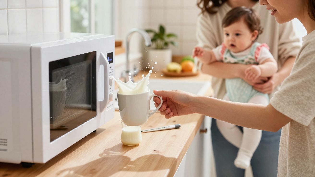 Pessoa segura uma chávena de leite com salpicos perto de micro-ondas, criança ao colo ao fundo numa cozinha luminosa.