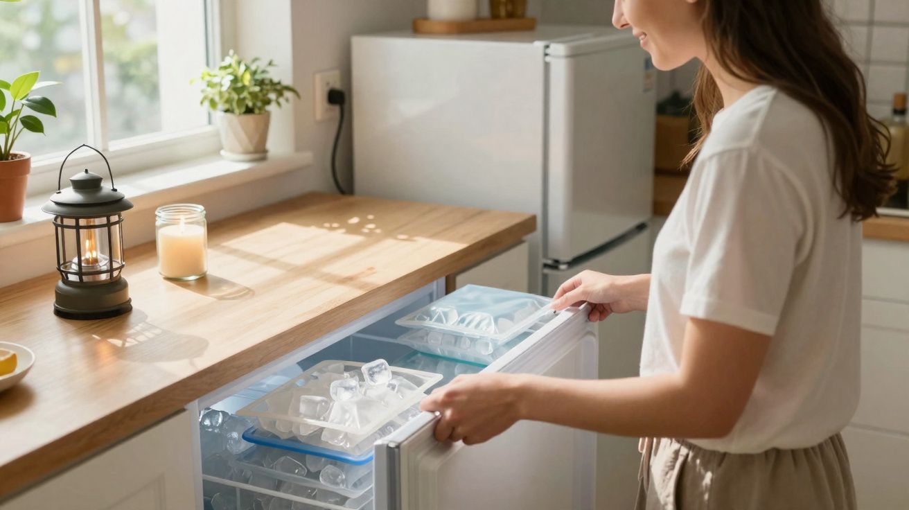Mulher abre congelador com caixas de cubos de gelo numa cozinha luminosa e decorada com plantas.