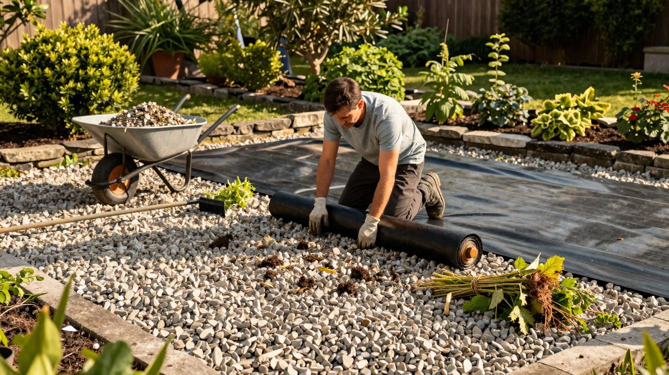 Homem a instalar manta de inibição de ervas daninhas num jardim com pedras e calhambeques.