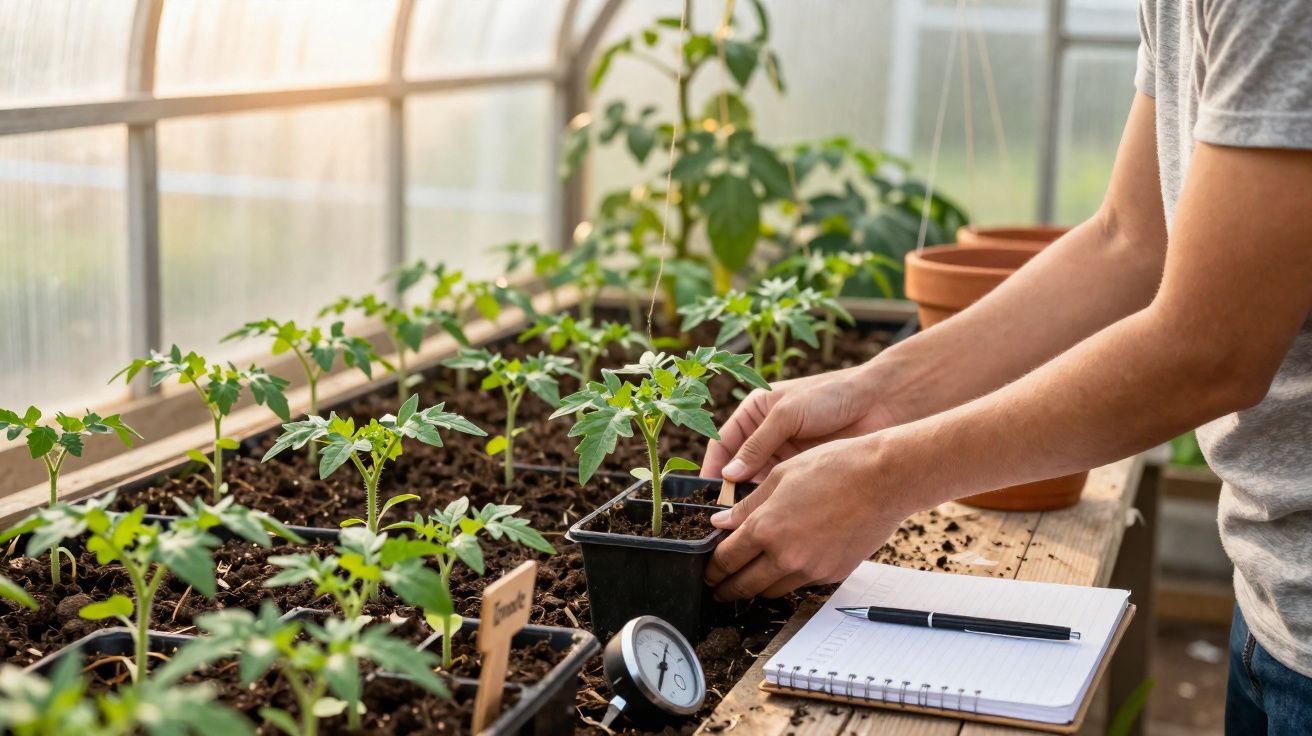 Pessoa a transplantar plantas jovens numa estufa com caderno e termómetro na bancada.