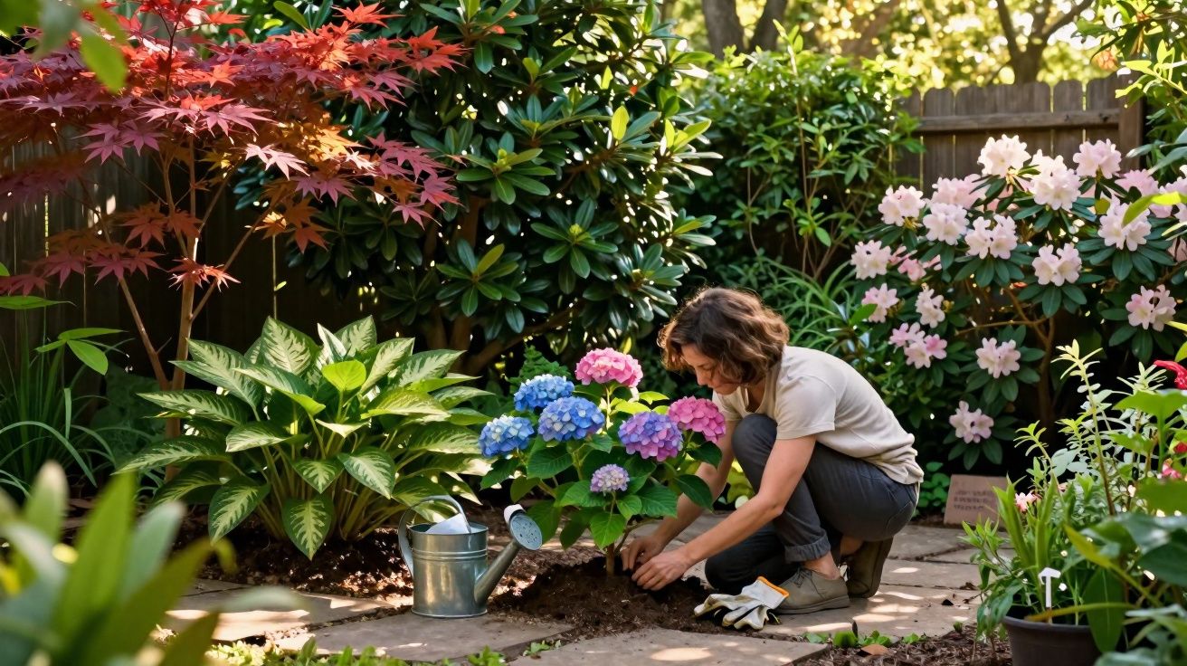 Mulher a cuidar de flores coloridas num jardim ensolarado rodeado de várias plantas e folhagens.