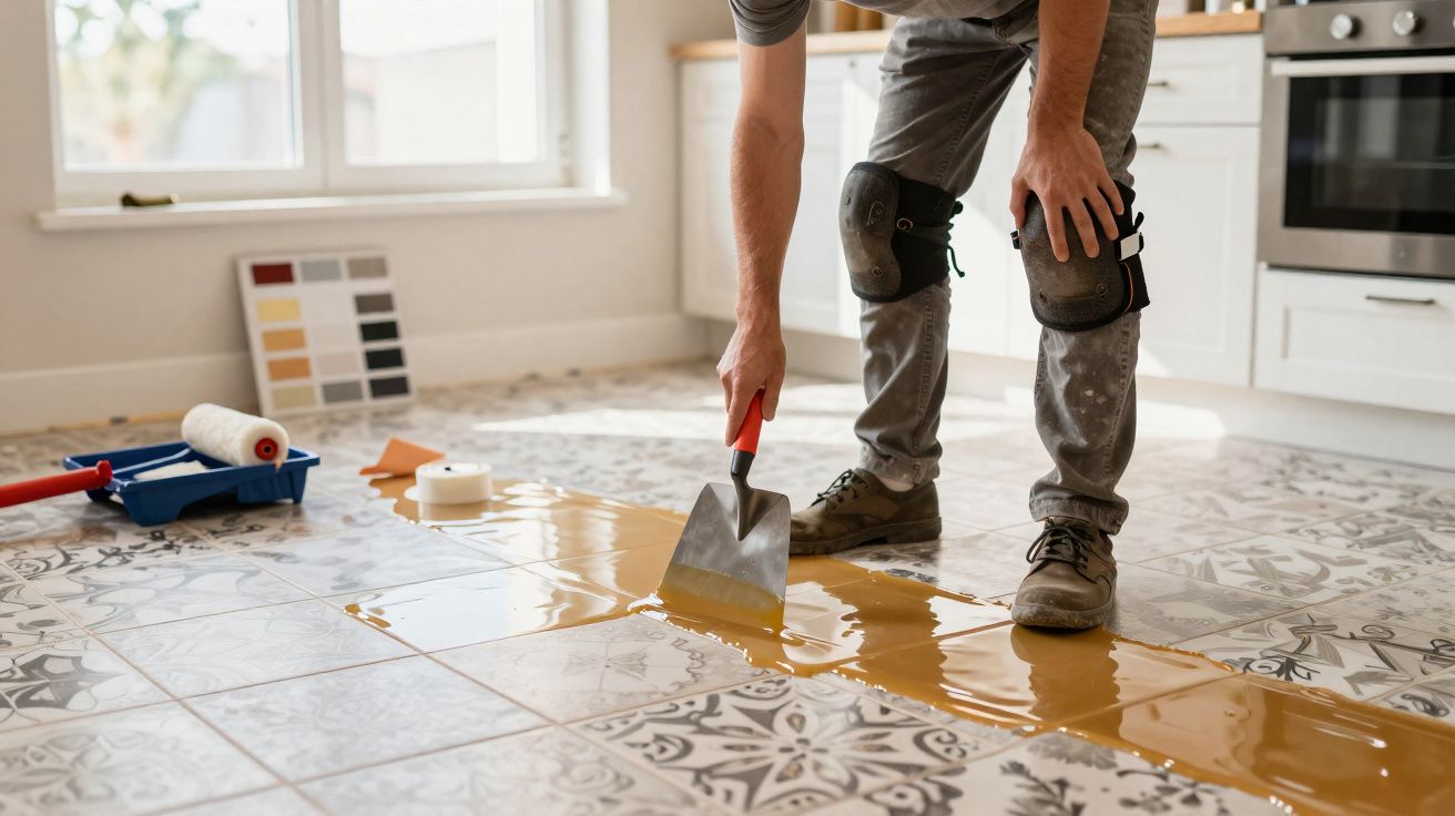 Pessoa a aplicar cola em ladrilhos hidráulicos num chão de casa em obras, usando joelheiras e roupa de trabalho.