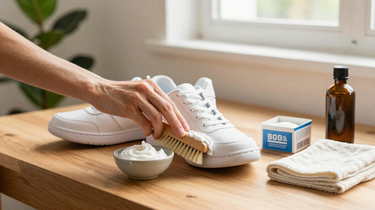 Pessoa a limpar ténis branco com escova, creme de limpeza, produto, e toalha sobre mesa de madeira.