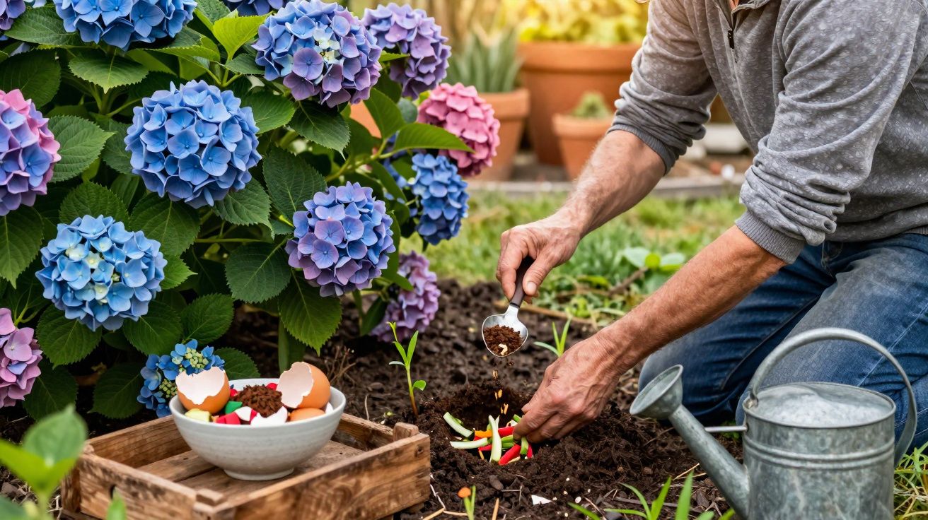 Pessoa a adubar plantas com concha junto a flores hortênsias azuis e roxas num jardim.