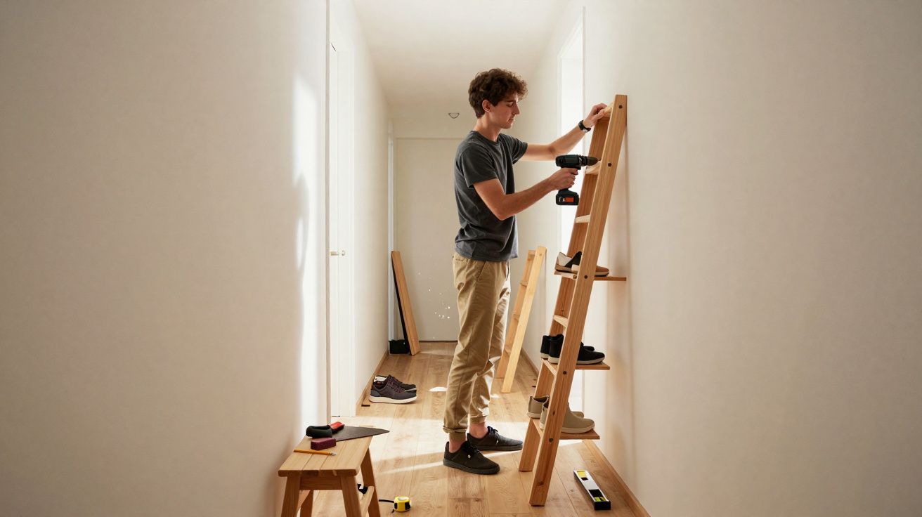 Homem jovem a montar uma estante de madeira num corredor com ferramentas e sapatos à sua volta.