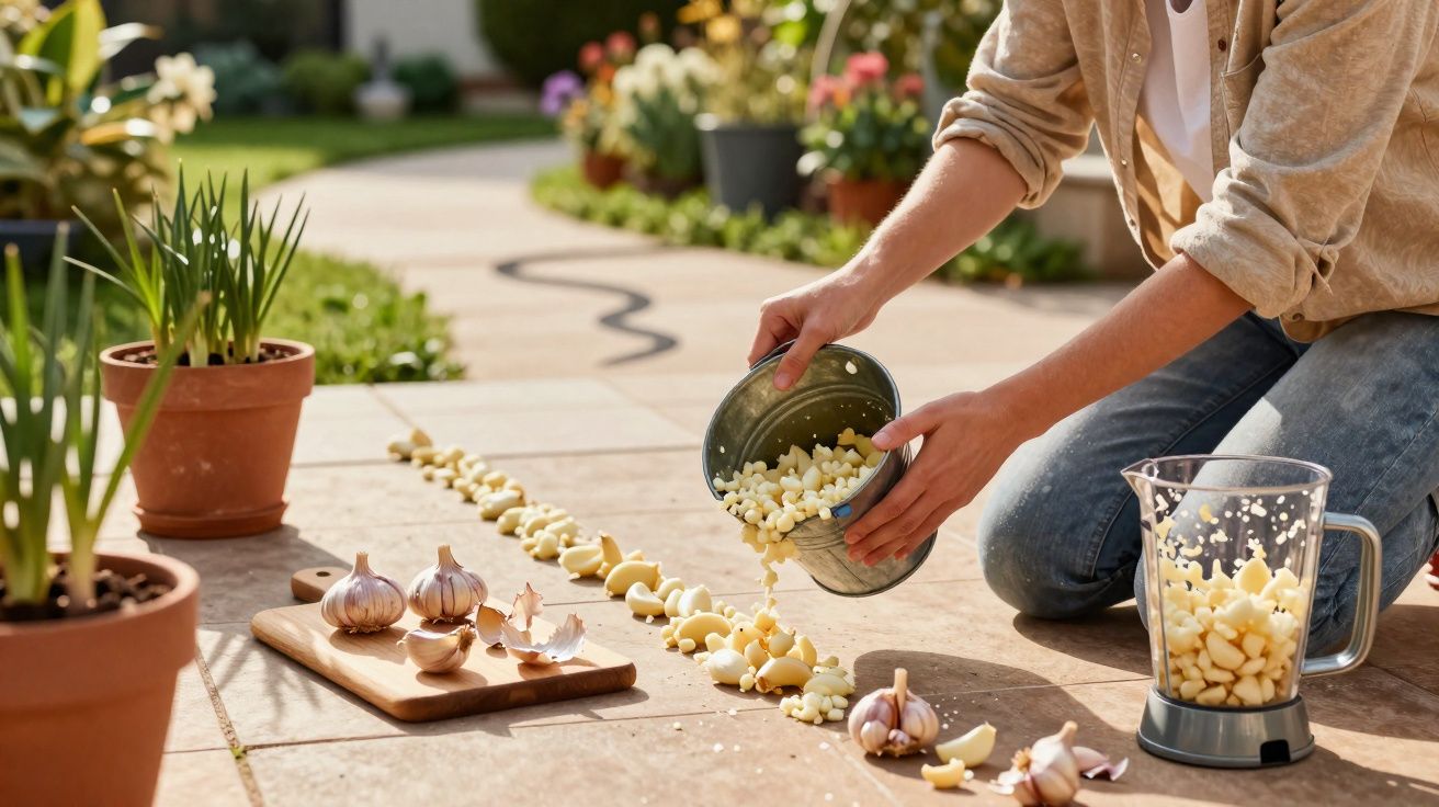Pessoa a colocar dentes de alho num balde numa calçada junto a plantas em vasos.