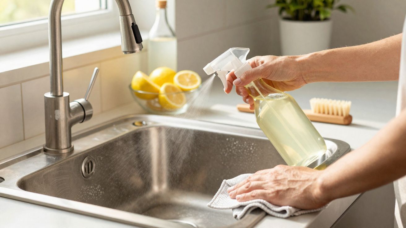 Pessoa a limpar a pia de cozinha em aço inoxidável com spray de limpeza e pano branco.